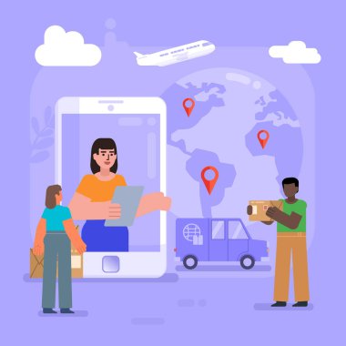Çevrimiçi sevkiyat takibi, teslimat servisi, ulaşım. Bir grup insan büyük ekranın yanında duruyor. Modern vektör illüstrasyonu