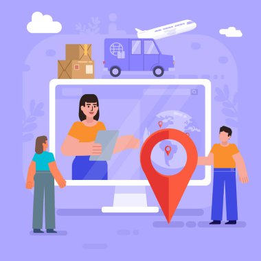 Çevrimiçi sevkiyat takibi, teslimat servisi, ulaşım. Bir grup insan büyük ekranın yanında duruyor. Modern vektör illüstrasyonu