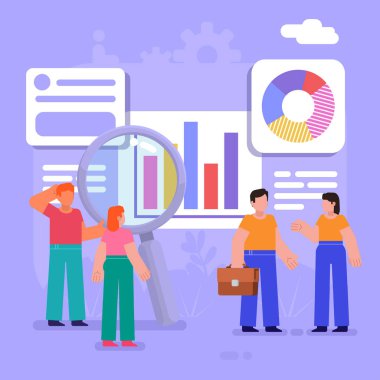 İstatistikler, çizelgeler, veri analizleri, yıllık rapor. Bir grup insan büyük haritaların yanında duruyor. Modern vektör illüstrasyonu