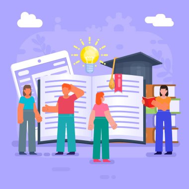 Çevrimiçi eğitim, dersler, kütüphane. Bir grup insan açık büfenin yanında duruyor. Modern vektör illüstrasyonu