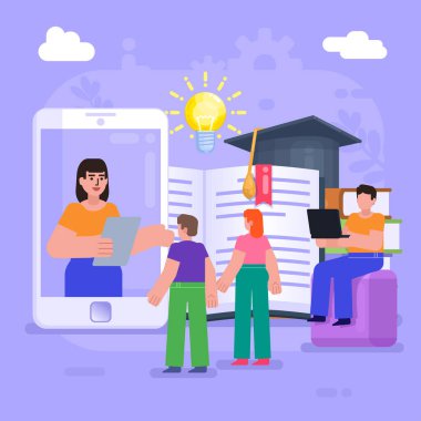 Çevrimiçi eğitim, dersler, dersler. Bir grup insan büyük cep telefonlarının, kitapların yanında duruyor. Modern vektör illüstrasyonu