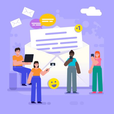 Mobil kurye uygulaması, mesaj gönder ya da al, e-posta. Bir grup insan büyük harflerin yanında duruyor, aletleri kullanıyorlar. Modern vektör illüstrasyonu