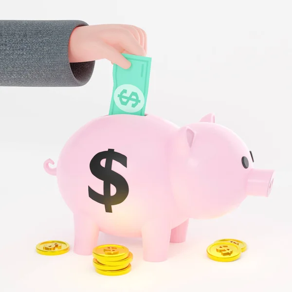 Save money, savings. Hand puts money into piggy bank. Modern 3D illustration