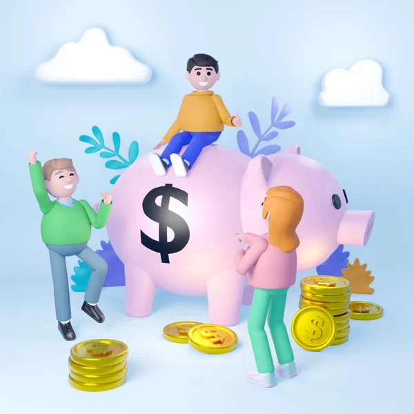 Income, savings growth, profitable deposit. Group of people stand near big piggy bank. Modern 3D illustration
