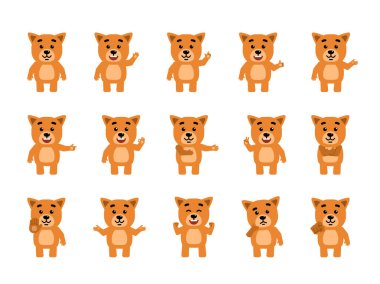 Farklı el hareketleri gösteren komik sarı köpek yavrusu karakterleri. Neşeli köpek yavrusu işaret ediyor, selamlıyor, baş parmağını kaldırıyor ve diğer jestleri yapıyor. Düz biçim vektör illüstrasyonu