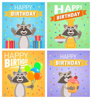 Farklı doğum günü posterleri. Doğum günü tebrik kartı, afiş. Neşeli çizgi film karakteri elinde balon, pasta, pasta ve kek tutuyor. Doğum günü kutlaması. Düz vektör illüstrasyonu