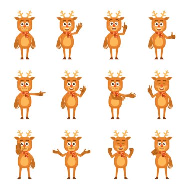 Farklı el hareketleri gösteren bir dizi çizgi film geyiği karakteri. Neşeli ren geyikleri el hareketi, el sallama, selamlama, işaret etme ve diğer el hareketlerini gösteriyor. Düz vektör illüstrasyonu