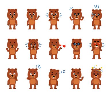 Çeşitli duyguları gösteren bir dizi çizgi film karakteri. Komik ayı yavrusu gülüyor, ağlıyor, sersemliyor, uyuyor, yorgun, kızgın, öpüşüyor ve diğer duyguları gösteriyor. Düz biçim vektör illüstrasyonu