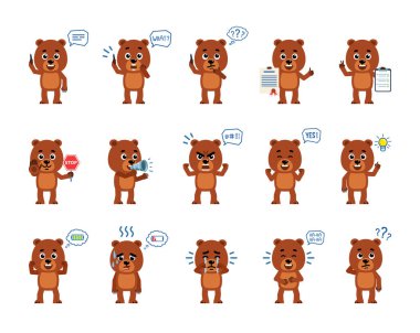 Çeşitli hareketleri, duyguları gösteren bir dizi çizgi film karakteri. Komik ayı yavrusu telefonda konuşuyor, kızgın, gülüyor, ağlıyor, elinde dur işareti var ve başka şeyler yapıyor. Basit vektör illüstrasyonu