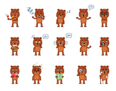 Çeşitli hareketleri, duyguları gösteren bir dizi çizgi film karakteri. Komik ayı yavrusu şarkı söylüyor, uyuyor, gülüyor, harita tutuyor, büyütüyor ve başka şeyler yapıyor. Basit vektör illüstrasyonu