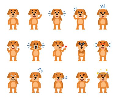 Farklı duygular gösteren komik köpek karakterleri. Neşeli köpek güler, ağlar, sersemler, uyur ve diğer yüz ifadelerini gösterir. Düz biçim vektör illüstrasyonu