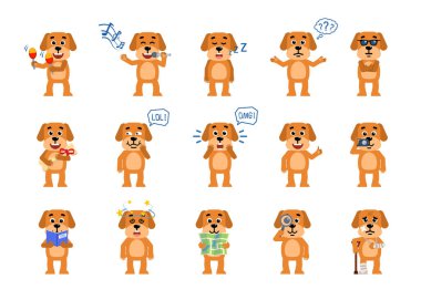 Farklı hareketler gösteren komik sarı köpek karakterleri. Neşeli köpek karaokesi şarkı söylüyor, kutluyor, uyuyor, kitap okuyor ve diğer eylemleri gösteriyor. Düz biçim vektör illüstrasyonu