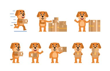 Farklı durumlarda paket kutusuyla poz veren komik sarı köpek karakterleri. Neşeli köpek kucaklama paketi, koşmak ve diğer eylemleri göstermek. Düz biçim vektör illüstrasyonu