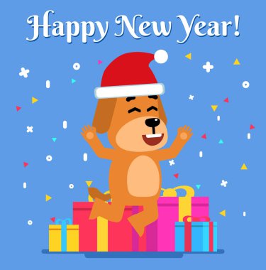 Neşeli köpek hediye kutularının önüne atladı. Noel, yeni yıl tebrik kartı. Düz biçim vektör illüstrasyonu