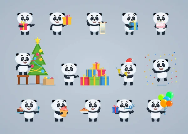 Conjunto Urso Panda Bonito Com Uma Bola Uma Caixa Presente — Vetor de Stock