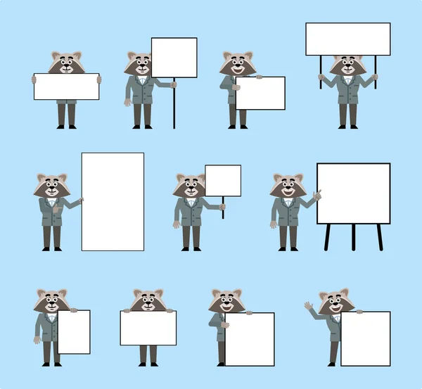 Set Raccoon Suit Characters Posing Diverse Blank Signboards Funny Raccoon — Stock Vector