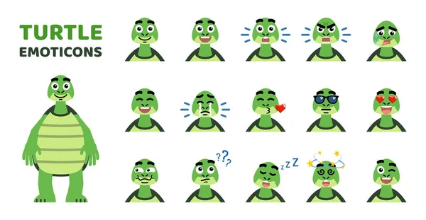 Conjunto Emoticonos Tortuga Dibujos Animados Avatares Tortuga Graciosos Que Muestran — Vector de stock