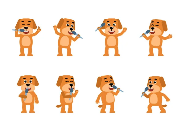 Set Karakter Anjing Kuning Lucu Berpose Dengan Mikrofon Dalam Situasi - Stok Vektor