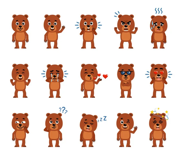 Set Cartoon Teddy Bear Characters Showing Various Emotions Funny Bear — Stock Vector
