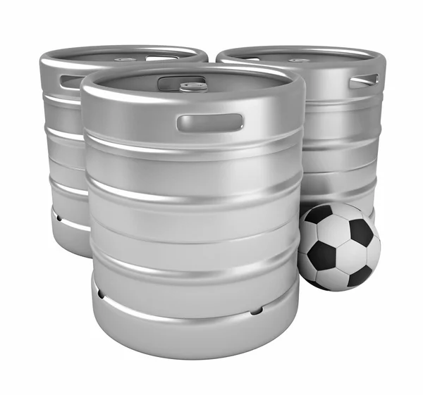 3d representación de barriles de cerveza y pelota de fútbol —  Fotos de Stock