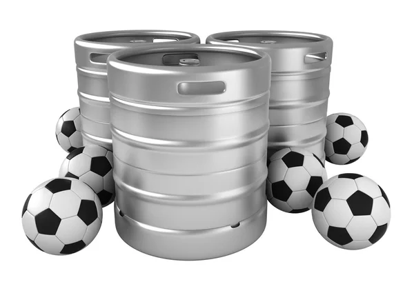 3d renderização de barris de cerveja e bolas de futebol — Fotografia de Stock