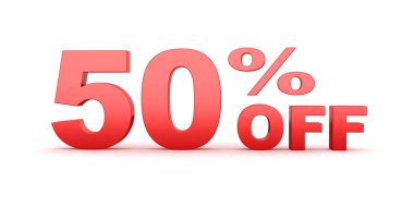 % 50 indirimli metnin 3D görüntüsü beyaz arkaplanda izole edildi