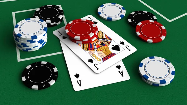 Render Playing Cards Blackjack Combination Chips — Stock Photo, Image