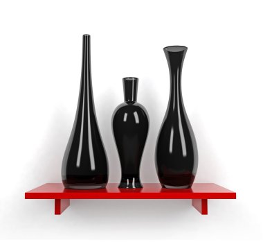 Siyah vazo ile kırmızı duvar raf