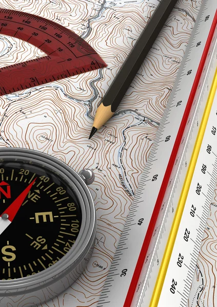 Engineerig tools over topographic map — Stock Photo, Image