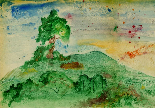 Árvore na colina, aquarela — Fotografia de Stock