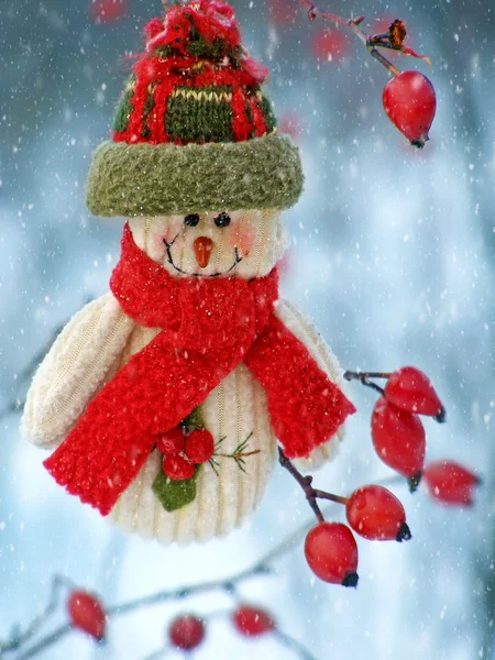 Merry Christmas postcard with a snowman in the snow — Stock Photo, Image