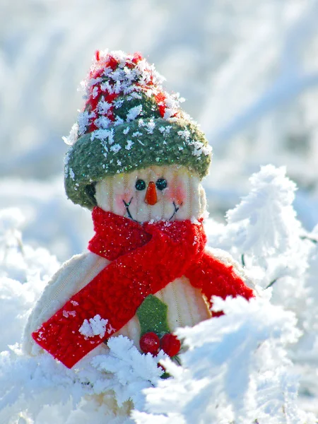 Feliz postal de Natal com um boneco de neve na neve — Fotografia de Stock