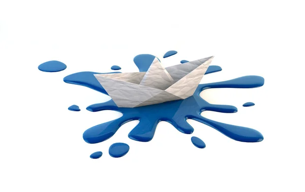 Origami paper boat sailing on blue drop — Stock Photo, Image