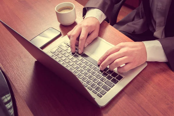 Hands Businessman Laptop Mobile Coffee Desk — Stock Photo, Image