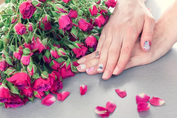 Skin Care Beautiful Female Hands Art Nail Manicure Grey Background — Stock Photo, Image