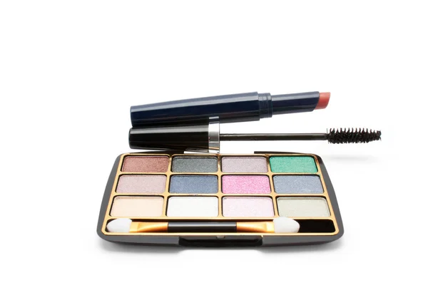 Eyeshadow, lipstick and mascara — Stock Photo, Image