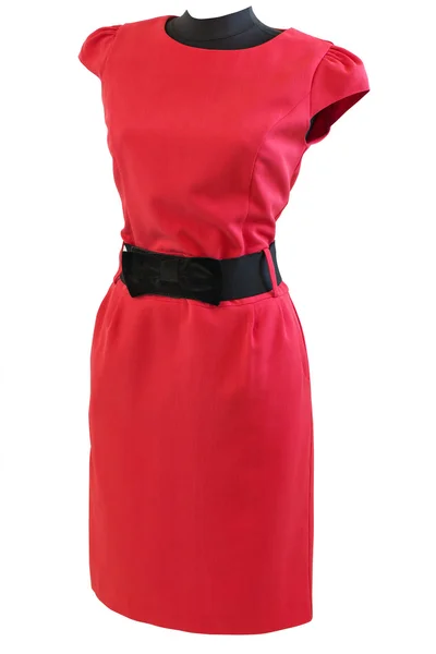 Klasické červené šaty s černým pásem na manekýnka — Stock fotografie