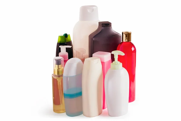 Цветные пластиковые бутылки с дозатором — стоковое фото