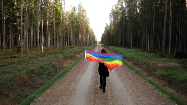 Mujer joven sostiene gran bandera LGBT arco iris y camina en señal de igualdad de derechos aéreos —  Fotos de Stock