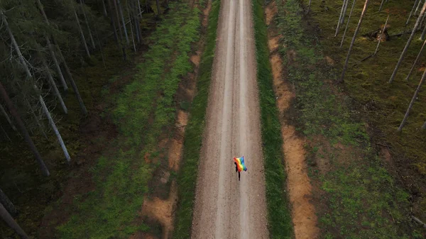 Vista aérea superior: Mujer lesbiana corriendo con una enorme bandera LGBT arco iris ondeando — Foto de Stock