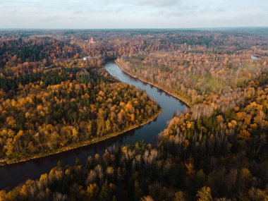 Arka planda Turaida kalesiyle Gauja Nehri Vadisi üzerinde destansı bir sonbahar uçuşu.