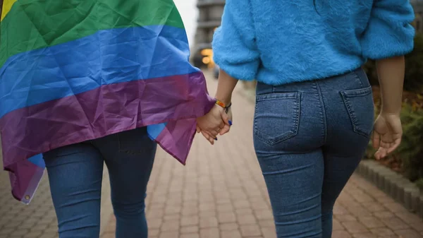 Vista trasera: Pareja lesbiana femenina toma de las manos con bandera de arco iris —  Fotos de Stock