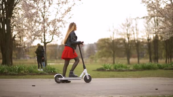 Joven elegante mujer monta scooter eléctrico en el parque de la ciudad — Vídeo de stock