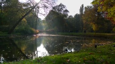 WARsaw, POLAND - 25 Ekim 2020: Lazienki Park 'taki küçük köprüde yürüyen tanımlanamayan turistler. Lazienki Varşova 'daki en büyük parktır..
