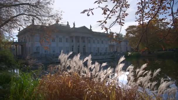 ワルシャワ ポーランド 2020年10月25日 秋の午後にラツィエンキ公園の水の上の王宮 ラツィエンキ公園はワルシャワ最大の公園です — ストック動画