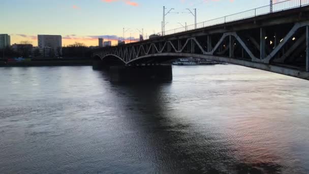 Vista Panoramica Drone Sul Ponte Trasporto Varsavia Durante Tramonto Inverno — Video Stock