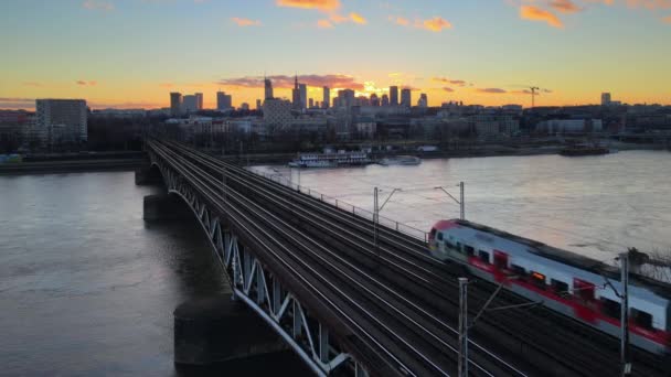 Vista Panoramica Drone Sul Ponte Trasporto Varsavia Durante Tramonto Inverno — Video Stock