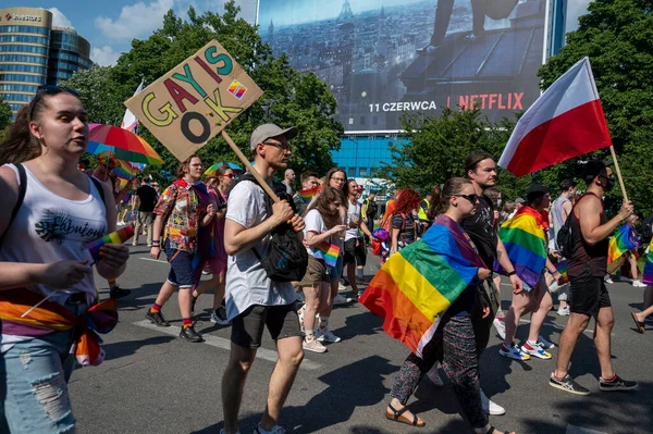 Advertência Polónia Junho 2021 Maior Marcha Orgulho Gay Chamada Parada — Fotografia de Stock