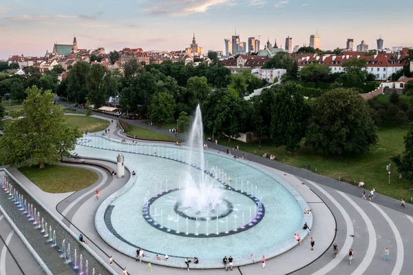 Panorama Old Town Warsaw Fountain Drone Sunset — Stock Photo, Image