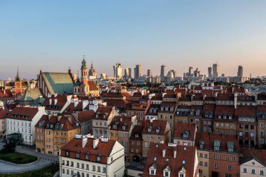 Panorama of Old Town and downtown of Warsaw from drone perspective during sunset